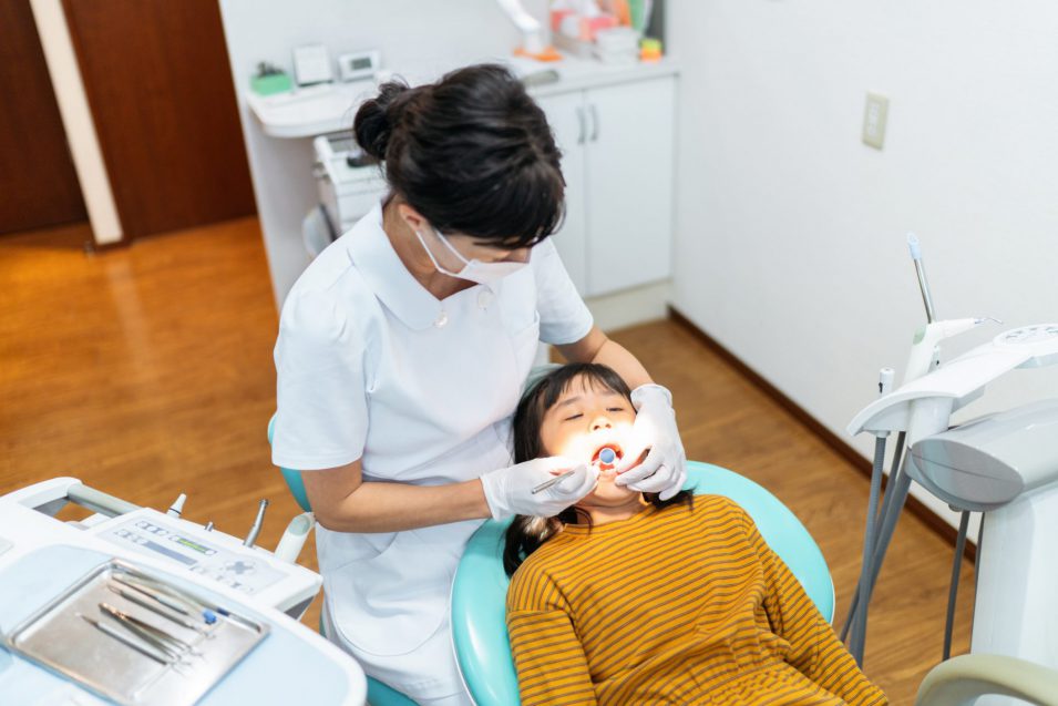 Small girl getting check up at dentist